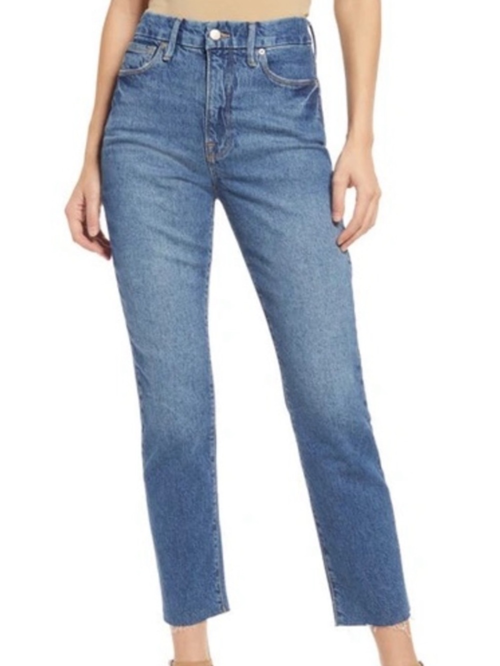 NWT Good American Good Classic Raw Hem High Waist Slim Jeans In Blue940 Size 14